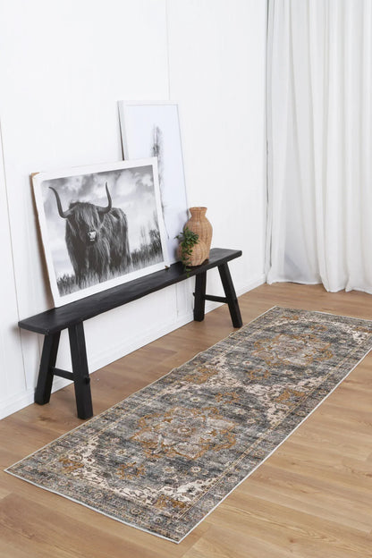 Distressed Vintage Cezanne Rabbit Gray Inca Gold Runner Rug - VITAL 2244-04