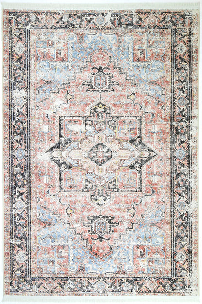 Annabel Distressed Vintage Terracotta & Sky Blue Rug - VITAL 2664-07 (with fringe)