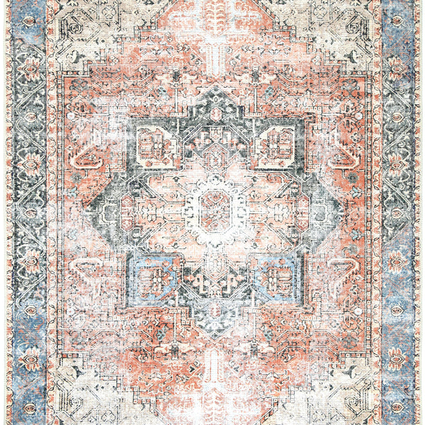 Distressed Vintage Cezanne Terracotta Blue Washable Rug - VITAL 1610-01