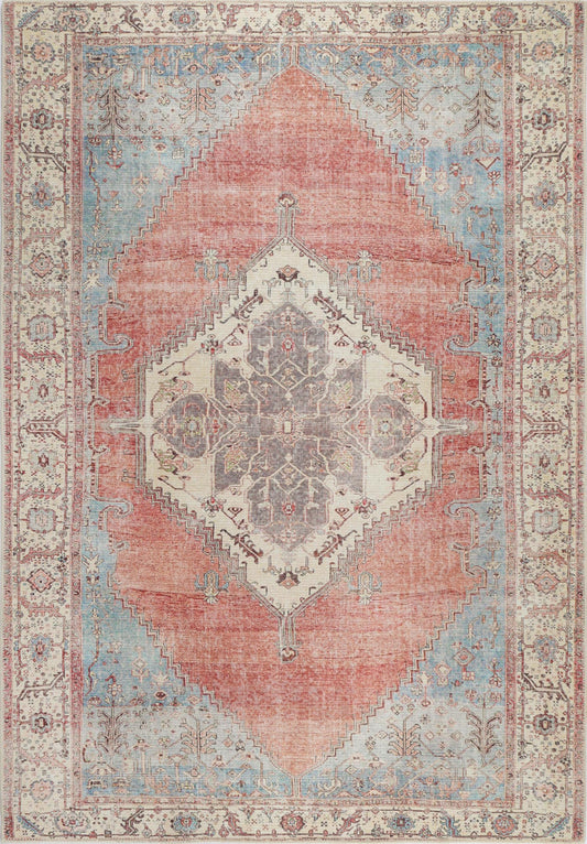 Distressed Vintage Belle Rust Blue Washable Rug - VITAL 3180-00