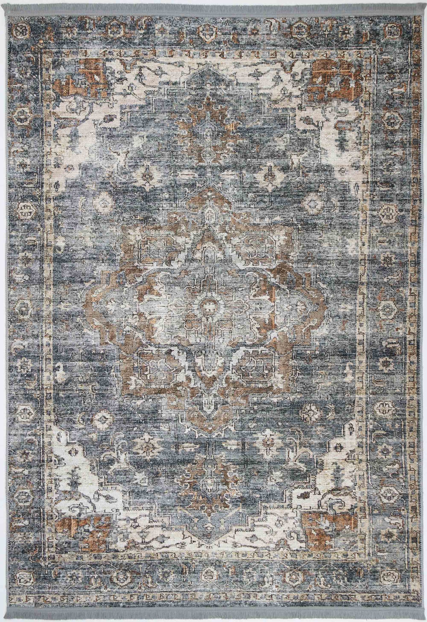 Distressed Vintage Cezanne Rabbit Gray Inca Gold Area Rug - VITAL 2244-04 (with fringe)